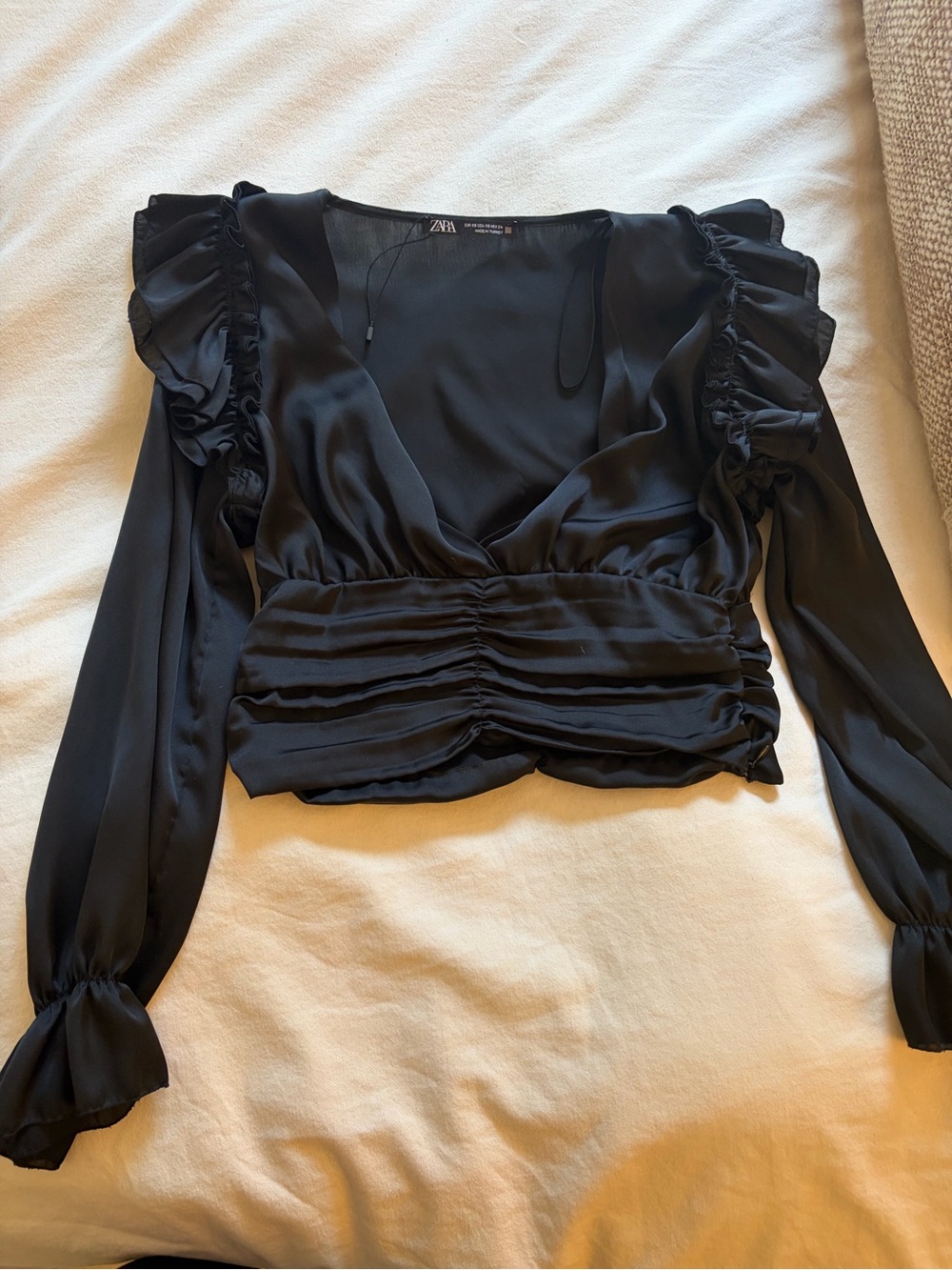 Zara Black Ruffle-Shoulder Ruched V-Neck Blouse